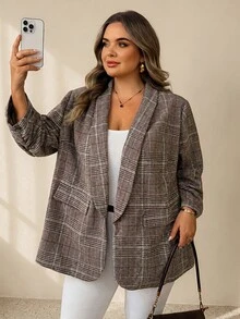 SHEIN CURVE+ Plus Size 7/10 Sleeve Shawl Collar Open Front Blazer Jacket In Fall Business Formal Office Grey Casual Smart Dressy Thanksgiving - Multicolor - View 5