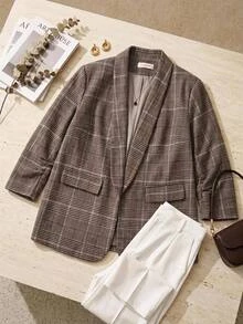 SHEIN CURVE+ Plus Size 7/10 Sleeve Shawl Collar Open Front Blazer Jacket In Fall Business Formal Office Grey Casual Smart Dressy Thanksgiving - Multicolor - View 1