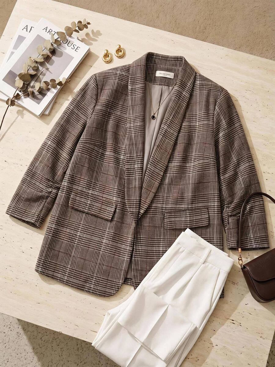 SHEIN CURVE+ Plus Size 7/10 Sleeve Shawl Collar Open Front Blazer Jacket In Fall Business Formal Office Grey Casual Smart Dressy Thanksgiving - Multicolor - View 1