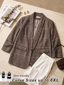 SHEIN CURVE+ Plus Size 7/10 Sleeve Shawl Collar Open Front Blazer Jacket In Fall Business Formal Office Grey Casual Smart Dressy Thanksgiving - Multicolor - View 6