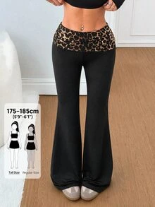 SHEIN Tall Black Print Folded Waist Flare Pants Everyday Work Autumn Sexy Casual - Black - View 8