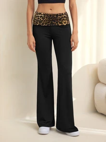 SHEIN Tall Black Print Folded Waist Flare Pants Everyday Work Autumn Sexy Casual - Black - View 6