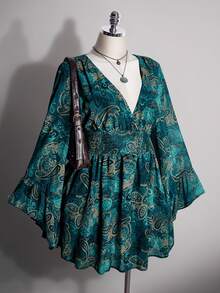 SHEIN ICON 女款大尺碼佩斯利印花喇叭袖抽褶腰洋裝 - 藍色 - 查看 4