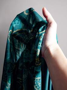 SHEIN ICON 女款大尺碼佩斯利印花喇叭袖抽褶腰洋裝 - 藍色 - 查看 10