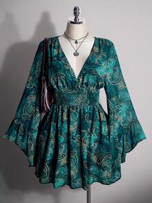 SHEIN ICON 女款大尺碼佩斯利印花喇叭袖抽褶腰洋裝 - 藍色 - 查看 5