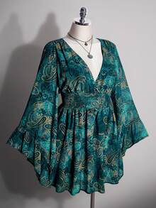 SHEIN ICON 女款大尺碼佩斯利印花喇叭袖抽褶腰洋裝 - 藍色 - 查看 1