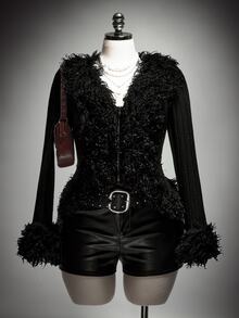 SHEIN ICON Plus Size Y2K Retro Fur Collar Patchwork Sexy Knit Long Sleeve Cardigan Jacket - Black - View 2