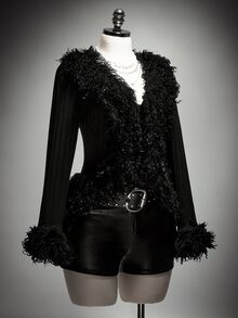 SHEIN ICON Plus Size Y2K Retro Fur Collar Patchwork Sexy Knit Long Sleeve Cardigan Jacket - Black - View 5