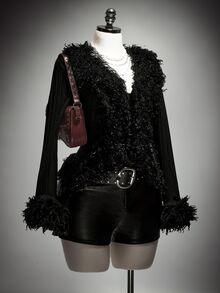 SHEIN ICON Plus Size Y2K Retro Fur Collar Patchwork Sexy Knit Long Sleeve Cardigan Jacket - Black - View 1