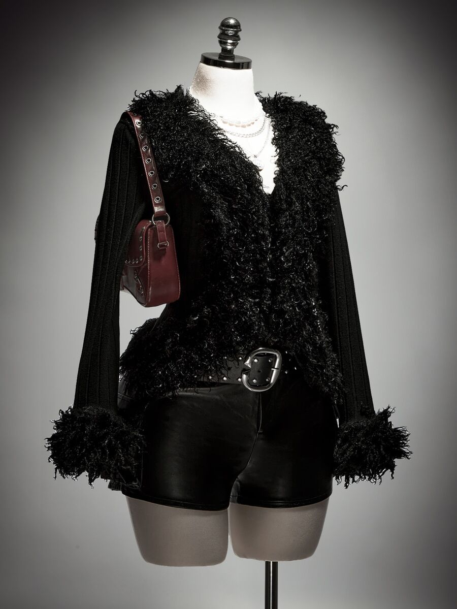 SHEIN ICON Plus Size Y2K Retro Fur Collar Patchwork Sexy Knit Long Sleeve Cardigan Jacket - Black - View 1