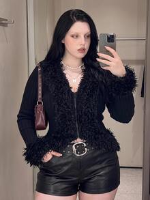 SHEIN ICON Plus Size Y2K Retro Fur Collar Patchwork Sexy Knit Long Sleeve Cardigan Jacket - Black - View 4