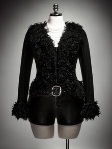 SHEIN ICON Plus Size Y2K Retro Fur Collar Patchwork Sexy Knit Long Sleeve Cardigan Jacket - Black - View 3