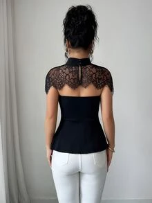 Elenzga Spring/Summer New Top With Fitted Waist And Flared Peplum Hem, Slim Fit Upper Body, A-Line Umbrella Hem Design To Optimize Waist-To-Hip Ratio And Highlight Waistline, Combining Shaping And Concealing Effects. Paired With Shawl-Style Lace Shoulder Cover, Sleeveless Hollow Lace Patchwork, Creating A 2 In 1 Visual Effect, Lace Covering Shoulder And Neck Area To Soften Shoulder Width And Create A Misty Sheer Look, Enhancing The Light Luxury Atmosphere. - Black - View 2
