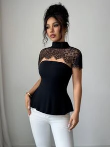 Elenzga Spring/Summer New Top With Fitted Waist And Flared Peplum Hem, Slim Fit Upper Body, A-Line Umbrella Hem Design To Optimize Waist-To-Hip Ratio And Highlight Waistline, Combining Shaping And Concealing Effects. Paired With Shawl-Style Lace Shoulder Cover, Sleeveless Hollow Lace Patchwork, Creating A 2 In 1 Visual Effect, Lace Covering Shoulder And Neck Area To Soften Shoulder Width And Create A Misty Sheer Look, Enhancing The Light Luxury Atmosphere. - Black - View 5
