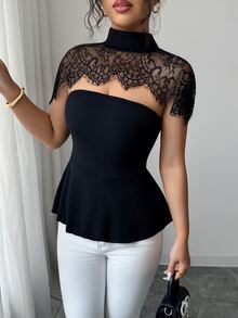 Elenzga Spring/Summer New Top With Fitted Waist And Flared Peplum Hem, Slim Fit Upper Body, A-Line Umbrella Hem Design To Optimize Waist-To-Hip Ratio And Highlight Waistline, Combining Shaping And Concealing Effects. Paired With Shawl-Style Lace Shoulder Cover, Sleeveless Hollow Lace Patchwork, Creating A 2 In 1 Visual Effect, Lace Covering Shoulder And Neck Area To Soften Shoulder Width And Create A Misty Sheer Look, Enhancing The Light Luxury Atmosphere. - Black - View 3