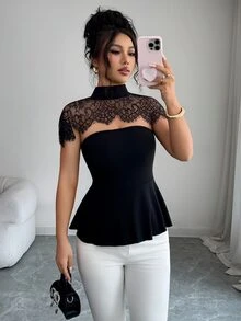 Elenzga Spring/Summer New Top With Fitted Waist And Flared Peplum Hem, Slim Fit Upper Body, A-Line Umbrella Hem Design To Optimize Waist-To-Hip Ratio And Highlight Waistline, Combining Shaping And Concealing Effects. Paired With Shawl-Style Lace Shoulder Cover, Sleeveless Hollow Lace Patchwork, Creating A 2 In 1 Visual Effect, Lace Covering Shoulder And Neck Area To Soften Shoulder Width And Create A Misty Sheer Look, Enhancing The Light Luxury Atmosphere. - Black - View 1