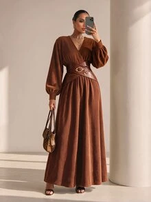 Xyvia Gaun Lengan Lentera Leher Surplice untuk Makan Malam Brunch Thanksgiving, Cokelat Musim Gugur Elegan - Khaki - View 7