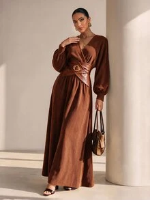 Xyvia Gaun Lengan Lentera Leher Surplice untuk Makan Malam Brunch Thanksgiving, Cokelat Musim Gugur Elegan - Khaki - View 6