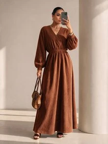 Xyvia Gaun Lengan Lentera Leher Surplice untuk Makan Malam Brunch Thanksgiving, Cokelat Musim Gugur Elegan - Khaki - View 8