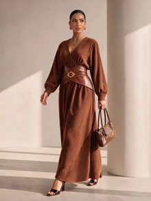 Xyvia Gaun Lengan Lentera Leher Surplice untuk Makan Malam Brunch Thanksgiving, Cokelat Musim Gugur Elegan - Khaki - View 3