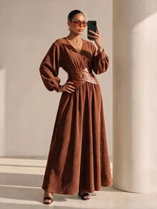 Xyvia Gaun Lengan Lentera Leher Surplice untuk Makan Malam Brunch Thanksgiving, Cokelat Musim Gugur Elegan - Khaki - View 4