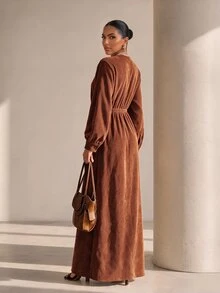 Xyvia Gaun Lengan Lentera Leher Surplice untuk Makan Malam Brunch Thanksgiving, Cokelat Musim Gugur Elegan - Khaki - View 2