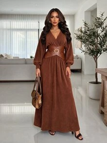 Xyvia Gaun Lengan Lentera Leher Surplice untuk Makan Malam Brunch Thanksgiving, Cokelat Musim Gugur Elegan - Khaki - View 1