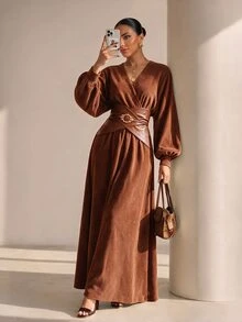 Xyvia Gaun Lengan Lentera Leher Surplice untuk Makan Malam Brunch Thanksgiving, Cokelat Musim Gugur Elegan - Khaki - View 5