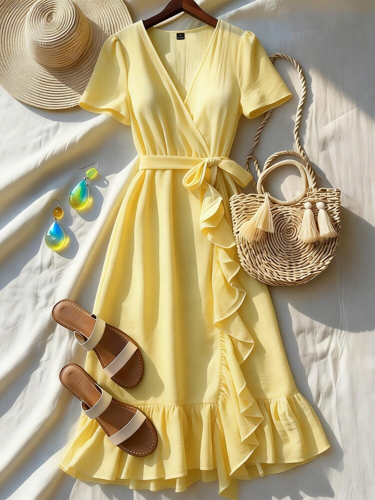 EMERY ROSE 标准尺码女士荷叶边V领修身度假优雅中长连衣裙 - 黃色 - 查看 7