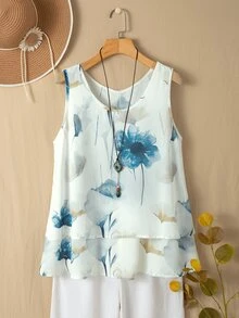 EMERY ROSE Camisetas gráficas holgadas para mujer con Top de tirantes y bajo asimétrico estampado - Multicolor - Ver 5