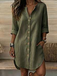 SHEIN LUNE Casual Vacation Daily Wear Loose Fit Can Be Worn As Shacket With Pockets Home Country Old Money Women's Dress - Olive Green - View 3