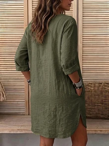 SHEIN LUNE Casual Vacation Daily Wear Loose Fit Can Be Worn As Shacket With Pockets Home Country Old Money Women's Dress - Olive Green - View 2