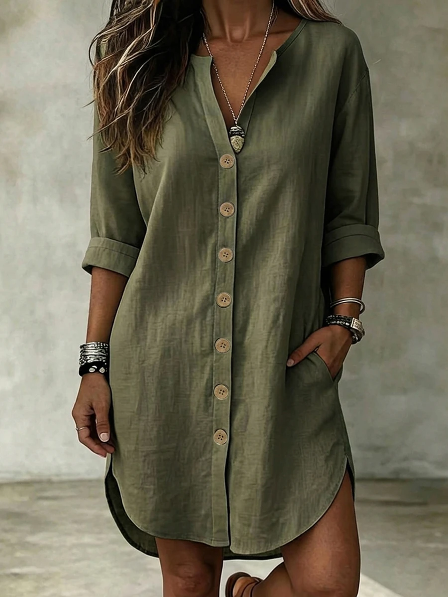 SHEIN LUNE Casual Vacation Daily Wear Loose Fit Can Be Worn As Shacket With Pockets Home Country Old Money Women's Dress - Olive Green - View 1