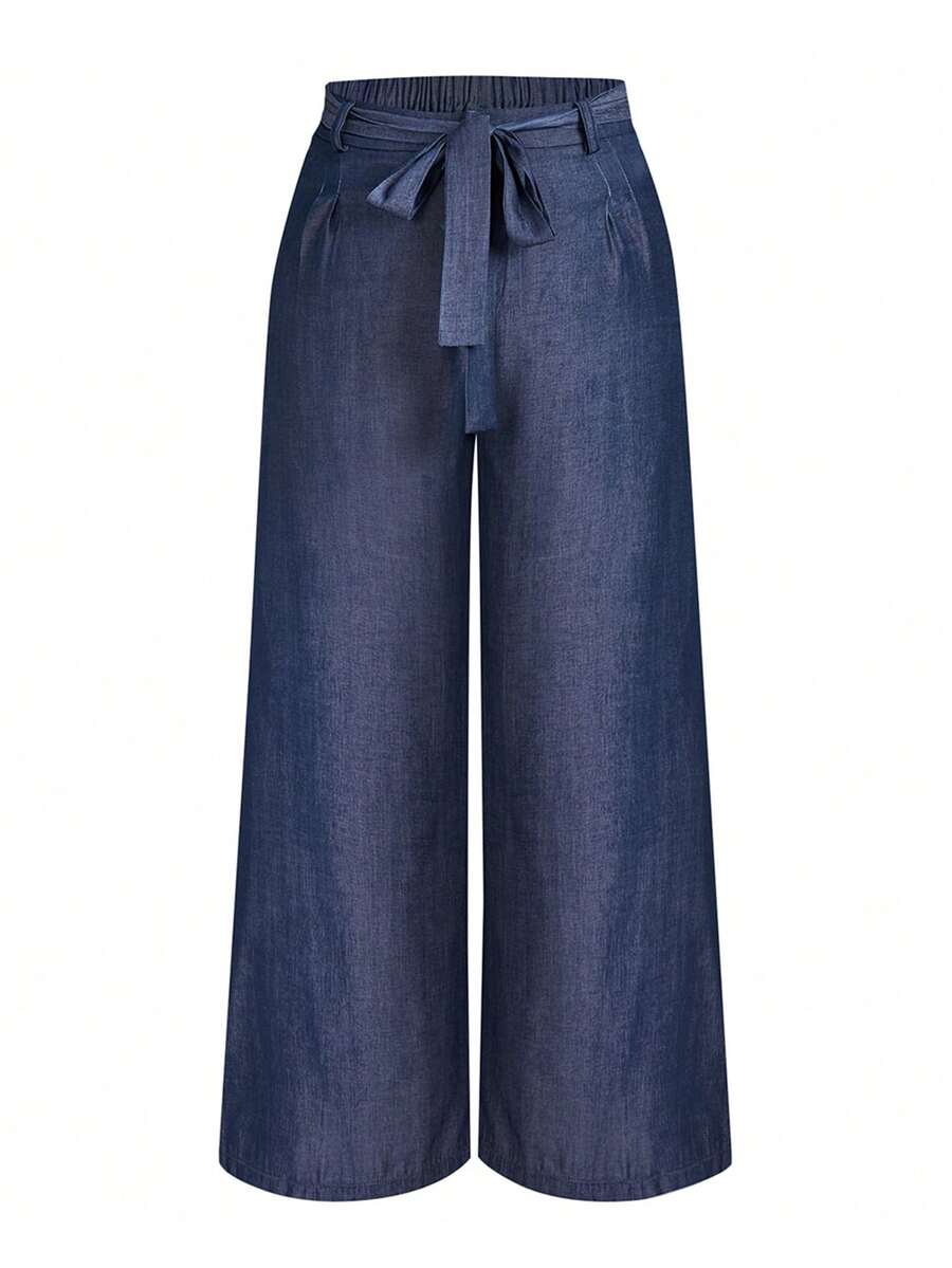 EMERY ROSE Solid Color Belted Casual Straight Leg Pants Fall Cloth For Women - Navy Blue - View 1