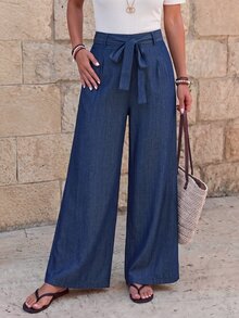 EMERY ROSE Solid Color Belted Casual Straight Leg Pants Fall Cloth For Women - Navy Blue - View 3