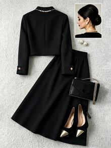GlowEve Women's Winter Black Button-Up Jacket And Skirt 2-Piece Set, Elegant Outfit For Autumn, Party, Outing, Commuting And Office - Black - View 2