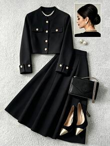 GlowEve Women's Winter Black Button-Up Jacket And Skirt 2-Piece Set, Elegant Outfit For Autumn, Party, Outing, Commuting And Office - Black - View 5