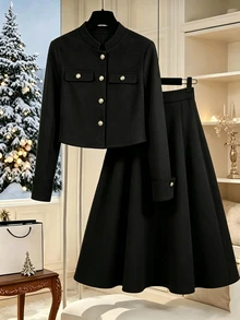 GlowEve Women's Winter Black Button-Up Jacket And Skirt 2-Piece Set, Elegant Outfit For Autumn, Party, Outing, Commuting And Office - Black - View 1