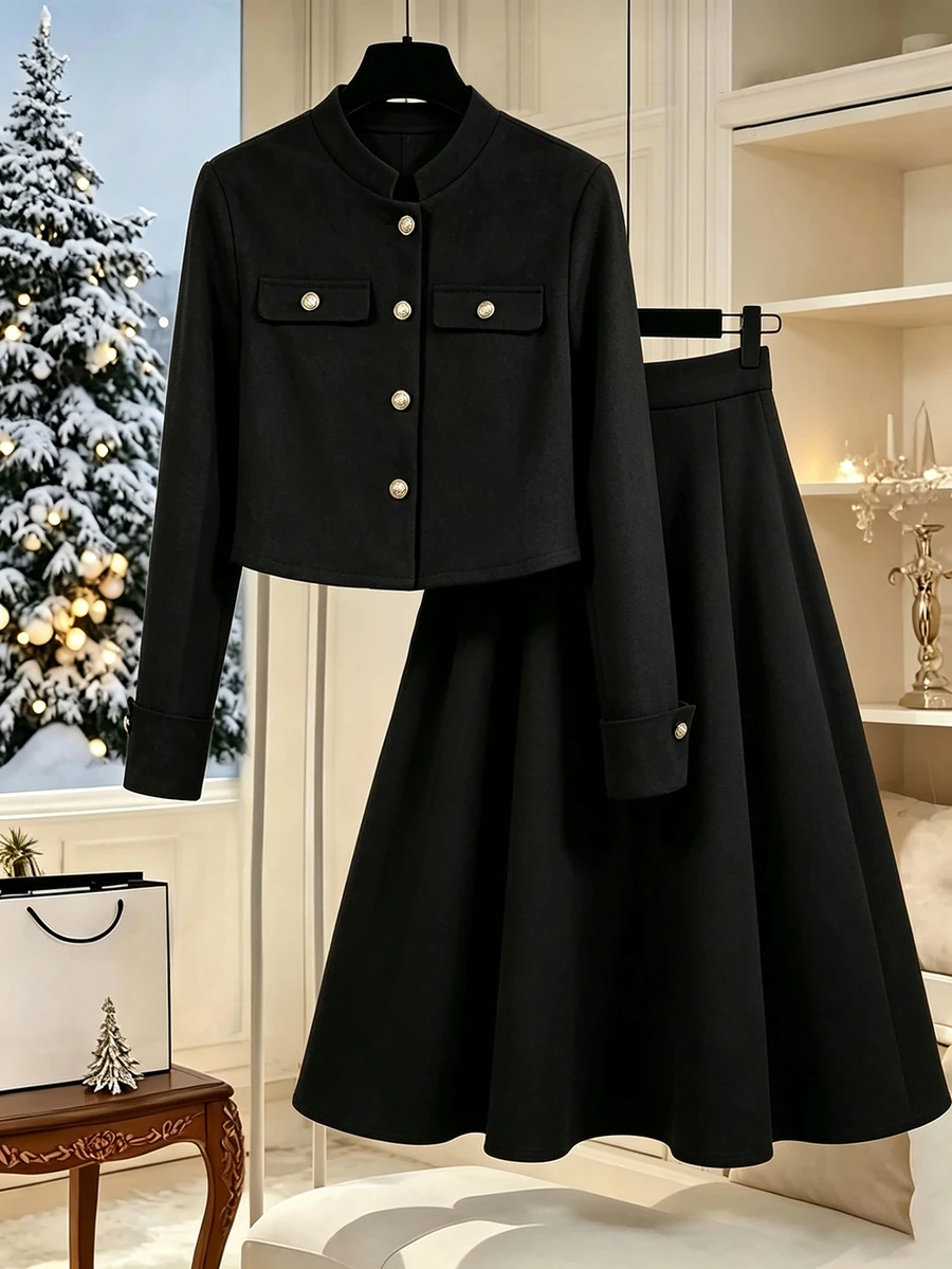 GlowEve Women's Winter Black Button-Up Jacket And Skirt 2-Piece Set, Elegant Outfit For Autumn, Party, Outing, Commuting And Office - Black - View 1