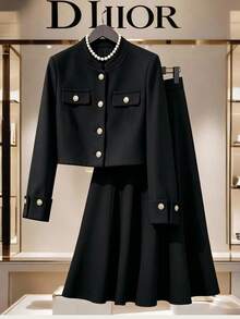 GlowEve Women's Winter Black Button-Up Jacket And Skirt 2-Piece Set, Elegant Outfit For Autumn, Party, Outing, Commuting And Office - Black - View 3