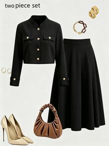 GlowEve Women's Winter Black Button-Up Jacket And Skirt 2-Piece Set, Elegant Outfit For Autumn, Party, Outing, Commuting And Office - Black - View 4