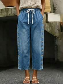 Breezaya Women's Denim Effect Print Button Decor Long Pants - Blue - View 1