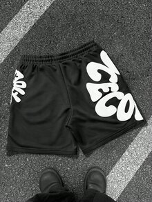 Resyla Men 男士字母印花網眼足球街頭風短褲，Y2K風格寬鬆抽繩運動短褲，適合夏季運動，黑白配色，健身房運動 - 彩色 - 查看 4