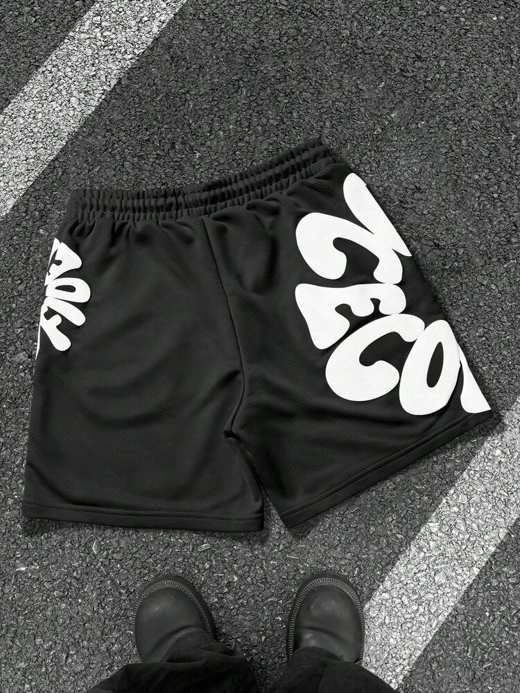 Resyla Men Men's Letter Print Mesh Soccer Shorts, Y2K Style Loose Drawstring Athletic Shorts, Suitable For Summer Sports; Black And White Contrast Color Versatile Match With Any Top. High Waist Drawstring Loose Five-Point Fit, Conceal Body Shape And Flatter Legs, Suitable For Fitness, Campus, Daily Wear, Easily Capture Y2K American Street Style Vibe. - Multicolor - View 4