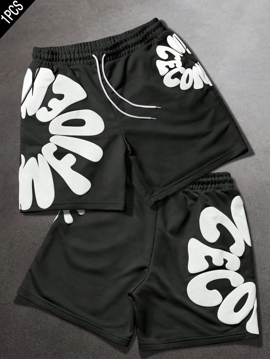 Resyla Men 男士字母印花網眼足球街頭風短褲,Y2K風格寬鬆抽繩運動短褲,適合夏季運動,黑白配色,健身房運動 - 彩色 - 查看 1
