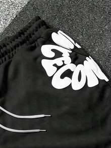 Resyla Men 男士字母印花網眼足球街頭風短褲，Y2K風格寬鬆抽繩運動短褲，適合夏季運動，黑白配色，健身房運動 - 彩色 - 查看 5