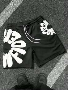 Resyla Men 男士字母印花網眼足球街頭風短褲，Y2K風格寬鬆抽繩運動短褲，適合夏季運動，黑白配色，健身房運動 - 彩色 - 查看 2