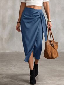 SHEIN x Tata & Beatriz SHEIN LUNE 女款優雅法式灰藍色一體式高腰開衩綁帶百褶不對稱貼身裙，適合度假、早午餐、茶會、秋季穿著 - 藍色 - 查看 2