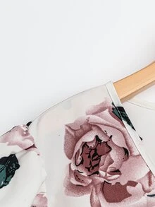 EMERY ROSE 2pcs/Set Women Floral Print Cap Sleeve Round Neck Blouse And Pink Straight Pants - Multicolor - View 5