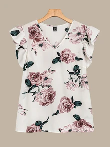 EMERY ROSE 2pcs/Set Women Floral Print Cap Sleeve Round Neck Blouse And Pink Straight Pants - Multicolor - View 4